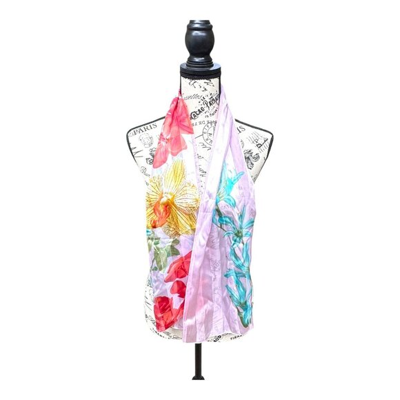Echo Floral Watercolor Scarf Lightweight Botanical Flowers Striped 100% Silk - Picture 1 of 8
